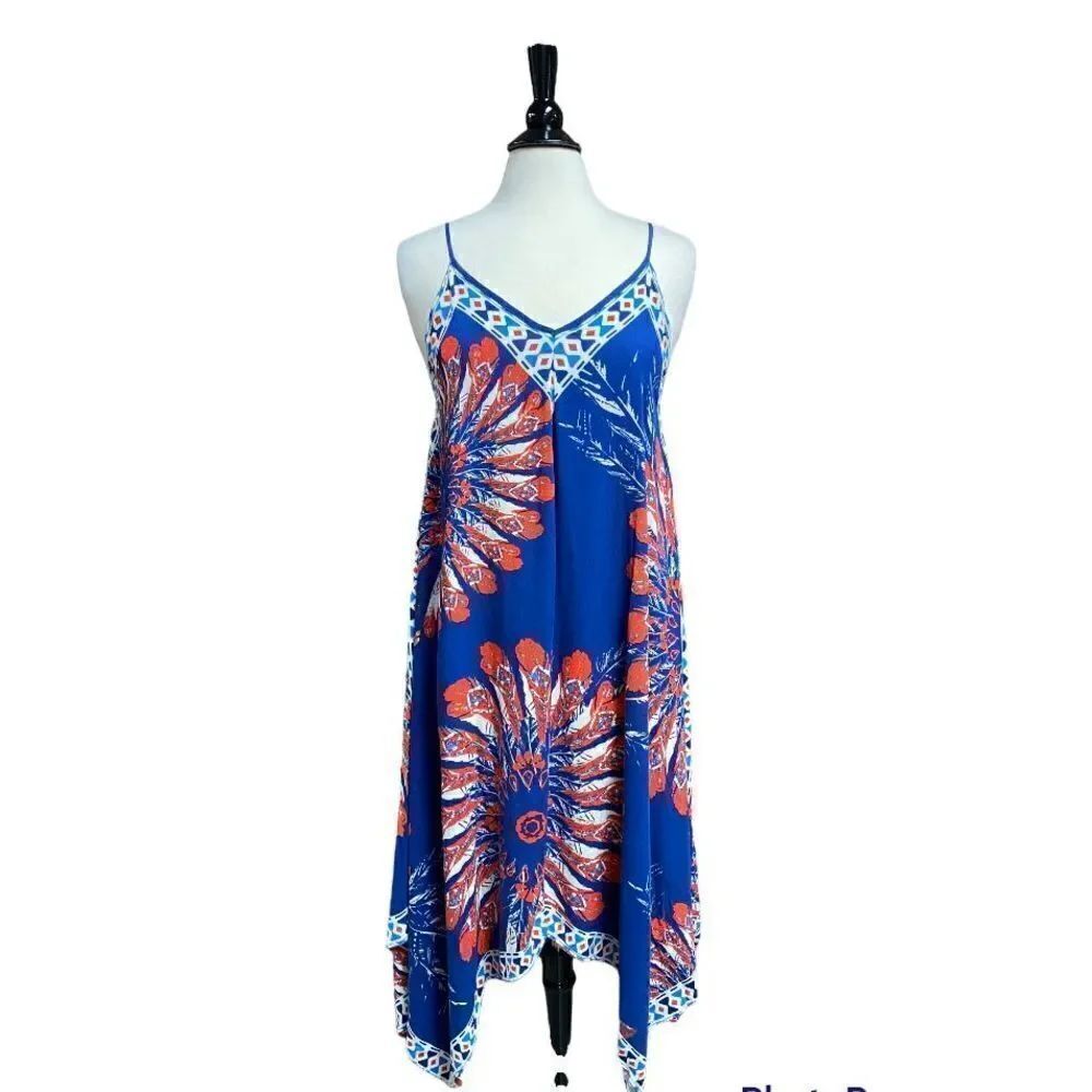 Jealous Tomato Red White & Blue Spaghetti Strap Handkerchief Dress Size S